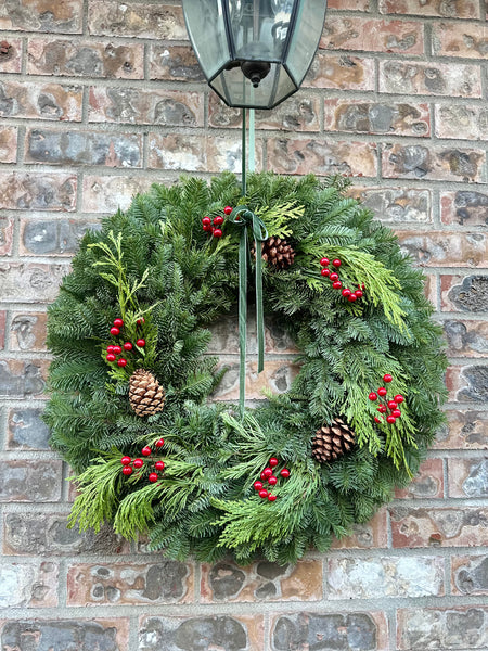 Jolly Berry Fest Christmas Wreath – Fresh Noble Fir & Cedar with Pinecones and Red Berries | 22" or 24" Evergreen Holiday Door Wreath