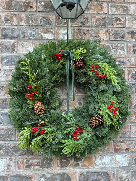 Jolly Berry Fest Christmas Wreath – Fresh Noble Fir & Cedar with Pinecones and Red Berries | 22" or 24" Evergreen Holiday Door Wreath