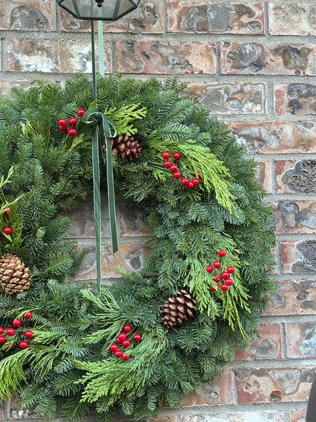 Jolly Berry Fest Christmas Wreath – Fresh Noble Fir & Cedar with Pinecones and Red Berries | 22" or 24" Evergreen Holiday Door Wreath