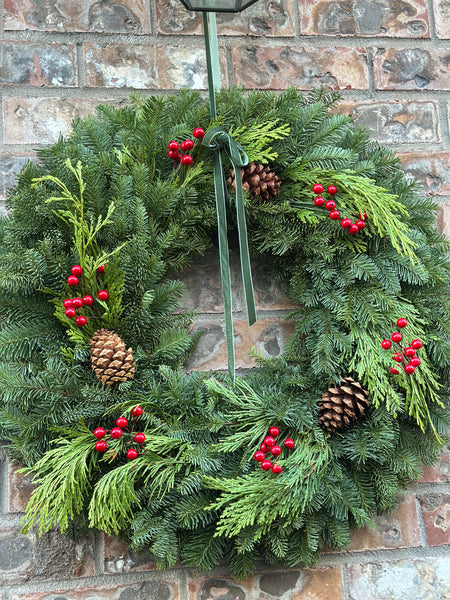 Jolly Berry Fest Christmas Wreath – Fresh Noble Fir & Cedar with Pinecones and Red Berries | 22" or 24" Evergreen Holiday Door Wreath