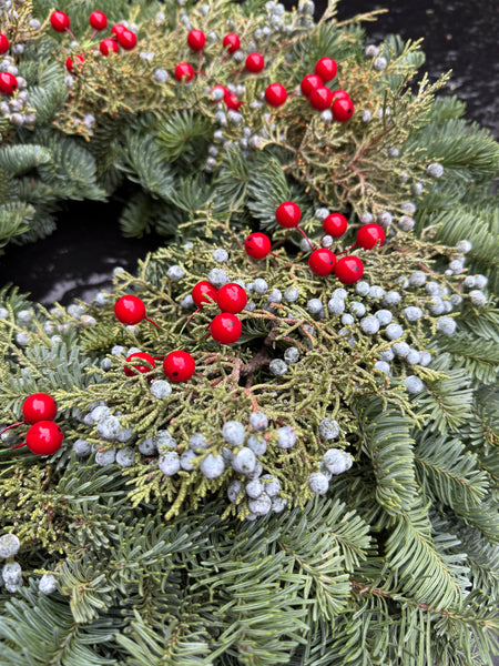 Handmade Oregon Christmas wreath with juniper and red berries