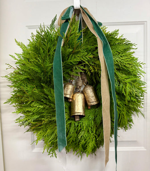 Fresh PNW Cedar Christmas Wreath handcrafted in Oregon with sustainably sourced cedar. Minimalist evergreen décor and eco-friendly holiday gift option, delivered to your door.