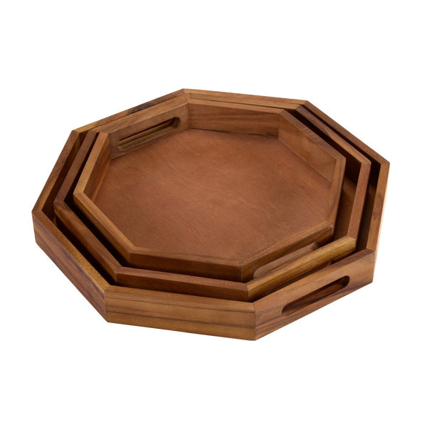 Acacia Wood Octagon Serving Tray – Rustic Wooden Tray for Coffee Table, Kitchen or Home Decor - Cork & LeafServing TraySet of 3 - 13" 15" 17"