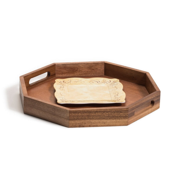 Acacia Wood Octagon Serving Tray – Rustic Wooden Tray for Coffee Table, Kitchen or Home Decor - Cork & LeafServing TrayLarge - 15"