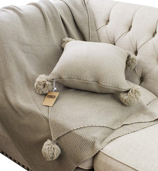 Chunky Knit Pom Pom Throw - Cork & LeafHomeNatural