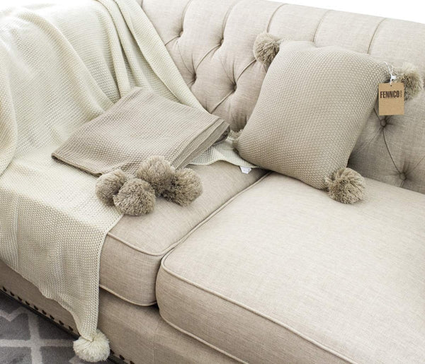 Chunky Knit Pom Pom Throw - Cork & LeafHomeNatural