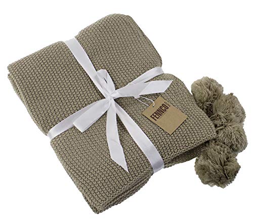 Chunky Knit Pom Pom Throw - Cork & LeafHomeBrown