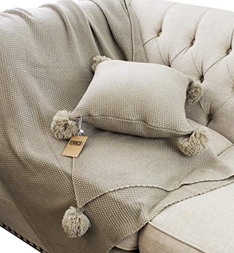 Chunky Knit Pom Pom Throw - Cork & LeafHomeBrown