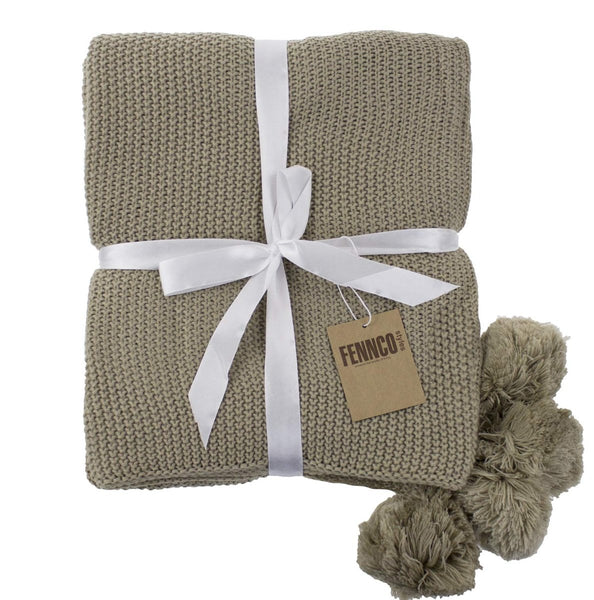 Chunky Knit Pom Pom Throw - Cork & LeafHomeNatural