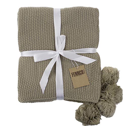 Chunky Knit Pom Pom Throw - Cork & LeafHomeBrown