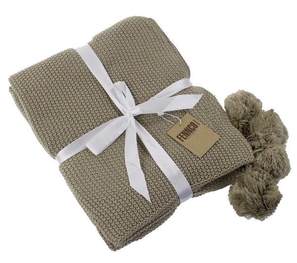Chunky Knit Pom Pom Throw - Cork & LeafHomeNatural