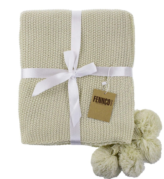 Chunky Knit Pom Pom Throw - Cork & LeafHomeNatural