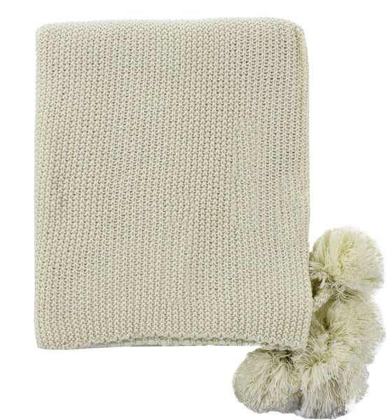 Chunky Knit Pom Pom Throw - Cork & LeafHomeNatural