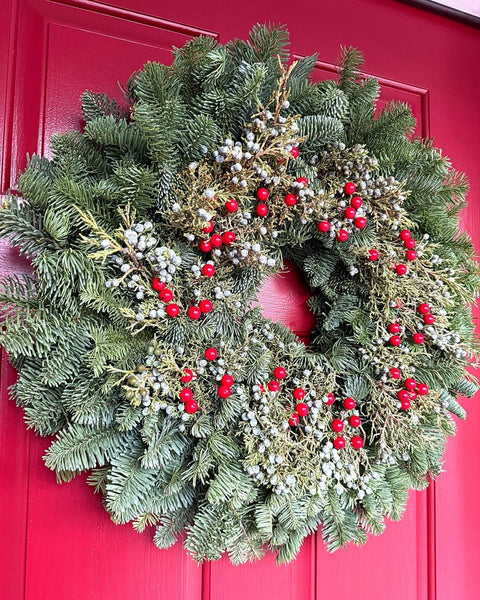 Fir + Juniper Berry Fresh Christmas Wreath – Noble Fir, Juniper & Red Berries - Cork & Leafchristmas wreaths22 inch