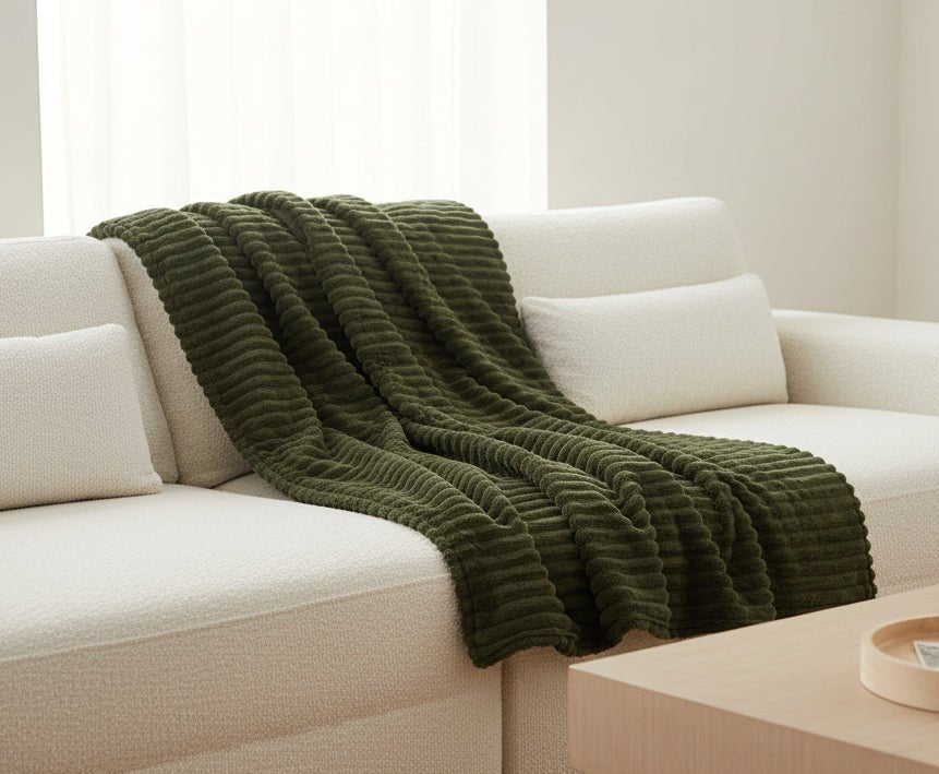Green Faux Fur Ribbed Throw with Velvet Back - Cork & Leaf
