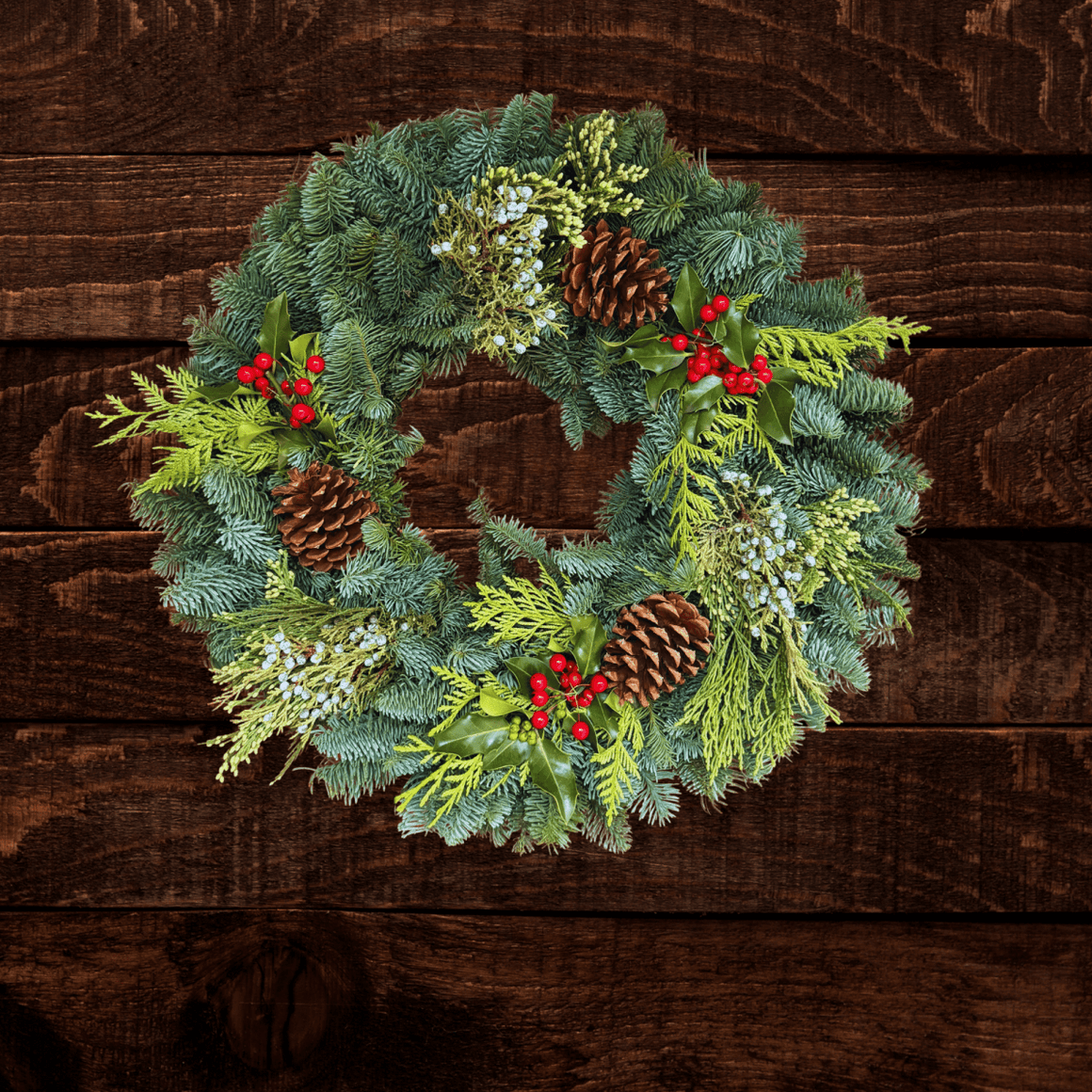 Holly Berry Handcrafted Live Christmas Wreath | Fresh Christmas Wreaths Delivered from Oregon – Noble Fir, Cedar, Juniper & Red Berries | Holiday, Corporate & Realtor Gifts - Cork & Leaf1 Wreath