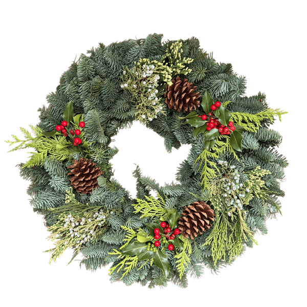 Holly Berry Handcrafted Live Christmas Wreath | Fresh Christmas Wreaths Delivered from Oregon – Noble Fir, Cedar, Juniper & Red Berries | Holiday, Corporate & Realtor Gifts - Cork & Leaf1 Wreath