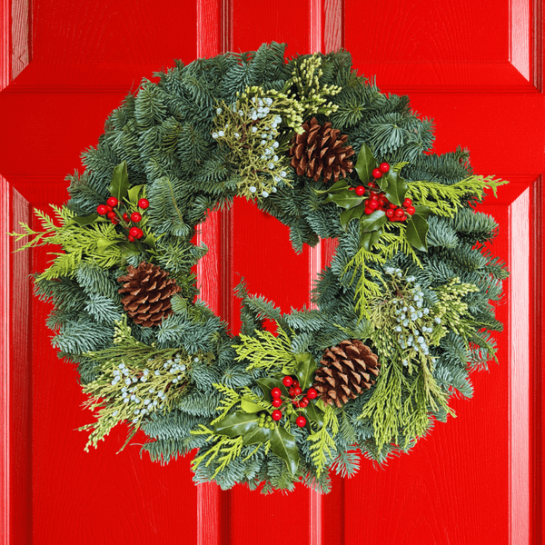 Holly Berry Handcrafted Live Christmas Wreath | Fresh Christmas Wreaths Delivered from Oregon – Noble Fir, Cedar, Juniper & Red Berries | Holiday, Corporate & Realtor Gifts - Cork & Leaf1 Wreath