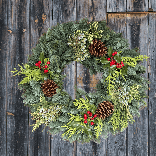 Holly Berry Handcrafted Live Christmas Wreath | Fresh Christmas Wreaths Delivered from Oregon – Noble Fir, Cedar, Juniper & Red Berries | Holiday, Corporate & Realtor Gifts - Cork & Leaf1 Wreath