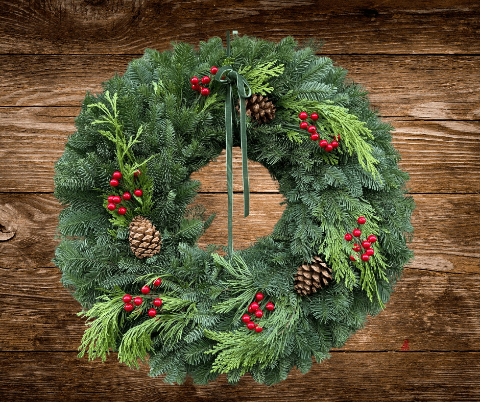 Jolly Berry Fest fresh Christmas wreath with noble fir, cedar, pinecones and red berries