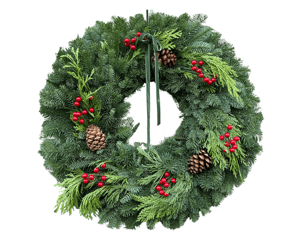 Jolly Berry Fest Christmas Wreath – Fresh Noble Fir & Cedar with Pinecones and Red Berries | 22" or 24" Evergreen Holiday Door Wreath - Cork & Leafchristmas wreaths24 inch