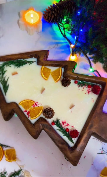Large Christmas Tree Wooden Dough Bowl Scented Candle – Handcrafted Soy Wax Holiday Decor & Gift - Cork & LeafCandlesChristmas Eve