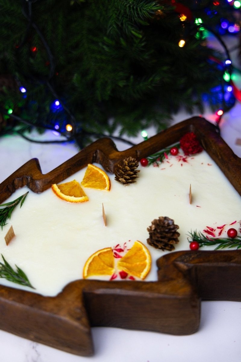 Large Christmas Tree Wooden Dough Bowl Scented Candle – Handcrafted Soy Wax Holiday Decor & Gift - Cork & LeafCandlesChristmas Eve