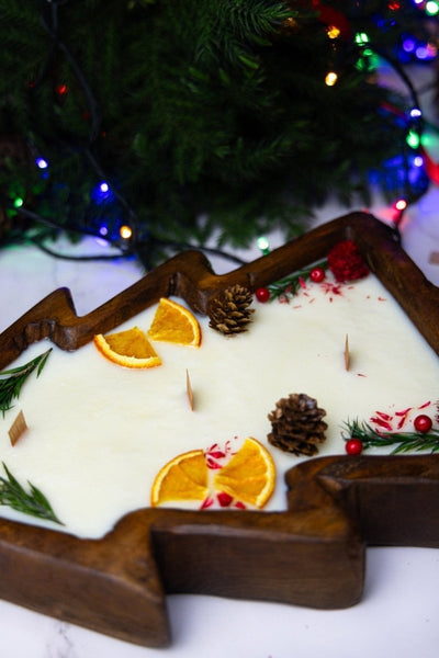 Large Christmas Tree Wooden Dough Bowl Scented Candle – Handcrafted Soy Wax Holiday Decor & Gift - Cork & LeafCandlesChristmas Eve