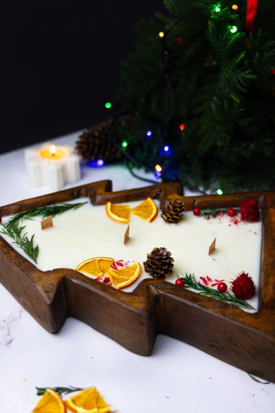 Large Christmas Tree Wooden Dough Bowl Scented Candle – Handcrafted Soy Wax Holiday Decor & Gift - Cork & LeafCandlesChristmas Eve