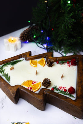 Large Christmas Tree Wooden Dough Bowl Scented Candle – Handcrafted Soy Wax Holiday Decor & Gift - Cork & LeafCandlesChristmas Eve
