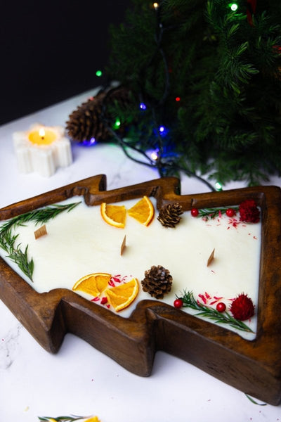 Large Christmas Tree Wooden Dough Bowl Scented Candle – Handcrafted Soy Wax Holiday Decor & Gift - Cork & LeafCandlesChristmas Eve