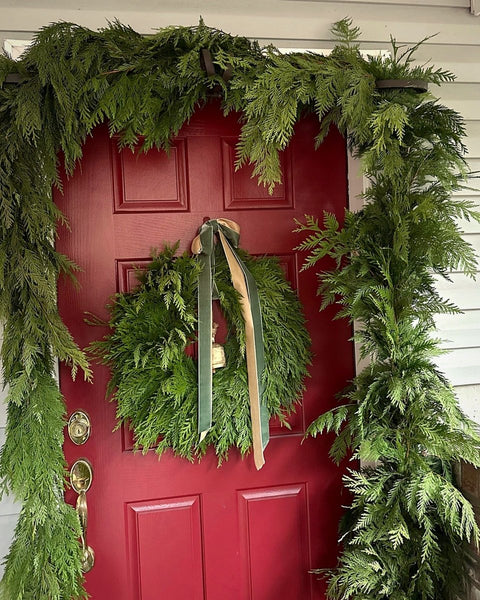PNW Cedar Doorway Set – Fresh Cedar Wreath & 15 or 20 ft Cedar Garland - Cork & LeafHoliday BundlePNW Cedar 24"