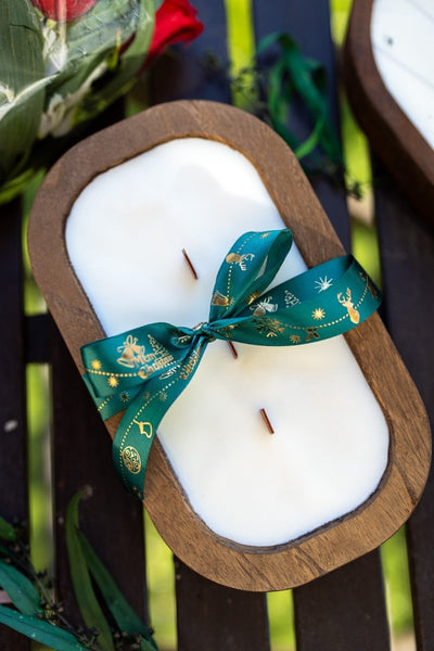Wood Dough Bowl Candle – Handcrafted Soy Wax Bowl Candle – Rustic Farmhouse Home Decor - Cork & LeafBowlWith Bow