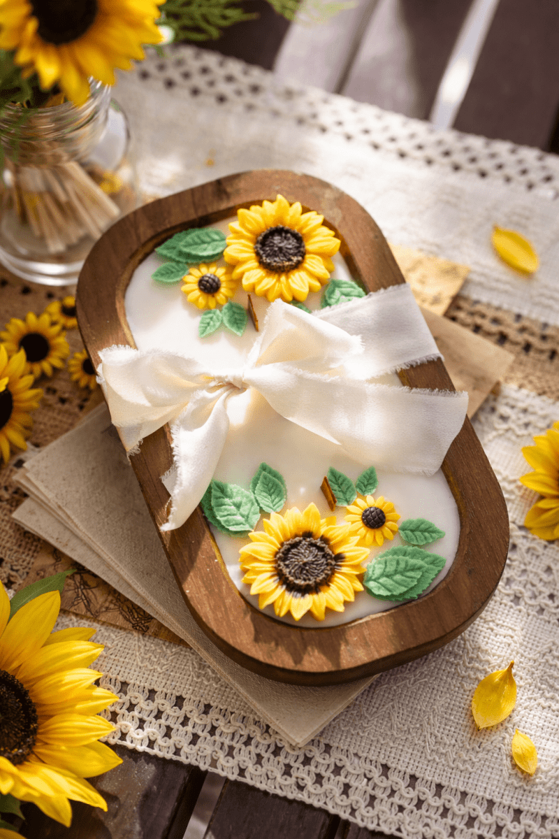 Wooden Sunflower Candle – Handcrafted Floral Soy Wax Candle – Rustic Home Decor Gift - Cork & LeafCandlesWith Bow