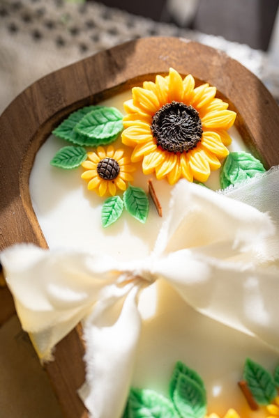 Wooden Sunflower Candle – Handcrafted Floral Soy Wax Candle – Rustic Home Decor Gift - Cork & LeafCandlesWith Bow