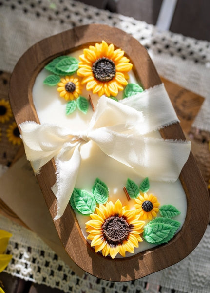Wooden Sunflower Candle – Handcrafted Floral Soy Wax Candle – Rustic Home Decor Gift - Cork & LeafCandlesWith Bow
